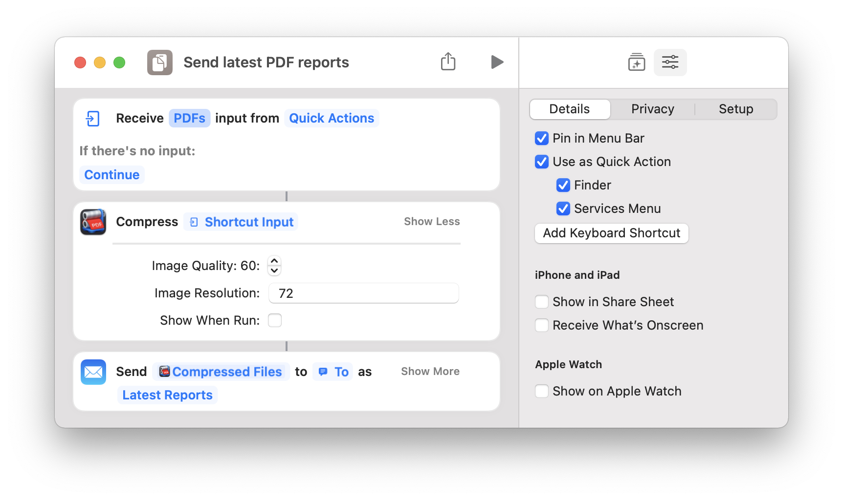 Цепочка Shortcuts с действием сжатия PDF и передачей результата