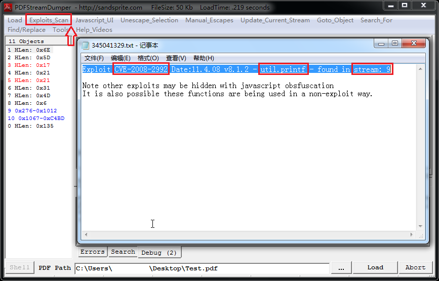 Результаты Exploits Scan в PDF Stream Dumper