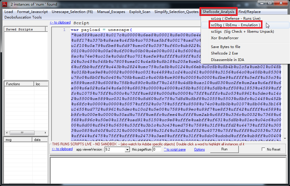 Меню Shellcode Analysis в JavaScript UI