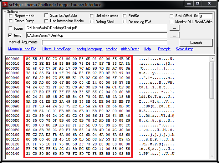 Параметры запуска scDbg для эмуляции shellcode