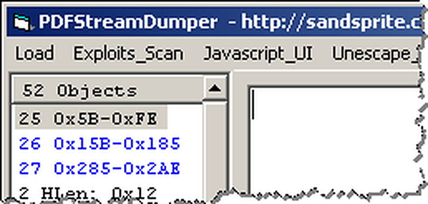 Меню инструментов PDF Stream Dumper для анализа содержимого