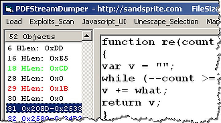 Декодированный JavaScript в окне PDF Stream Dumper