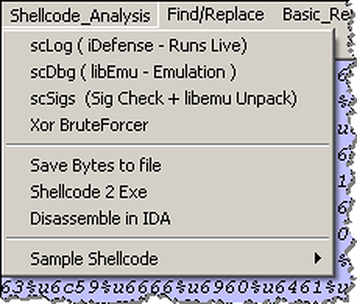 Меню выбора анализаторов shellcode