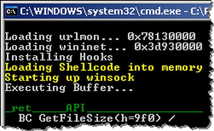 Консоль sclog при живом выполнении shellcode