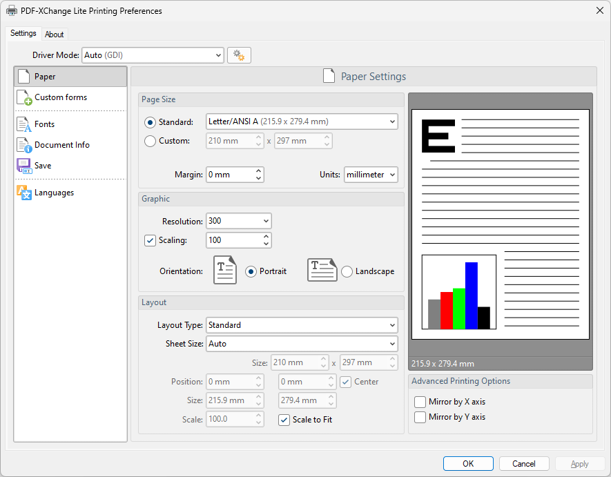 Окно Printing Preferences PDF-XChange Lite