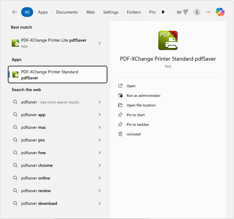 Запуск pdfSaver через поиск Windows