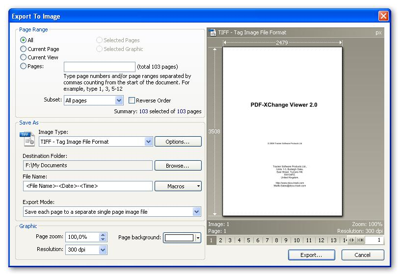 Диалог экспорта PDF в изображения