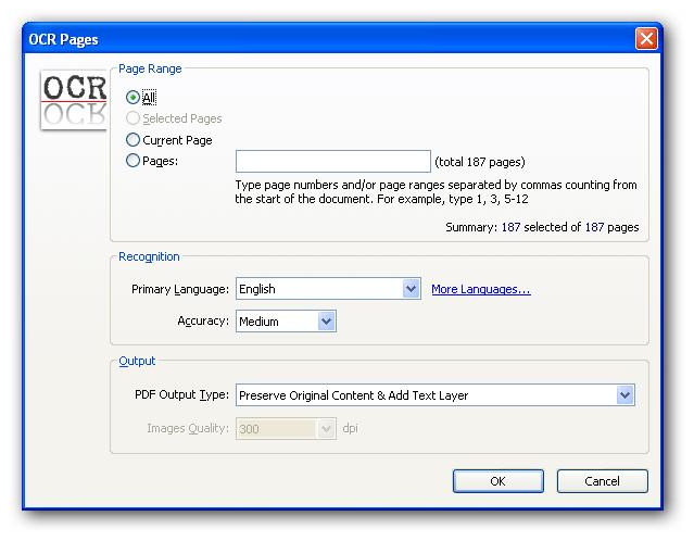 Диалог OCR Pages в PDF-XChange Viewer