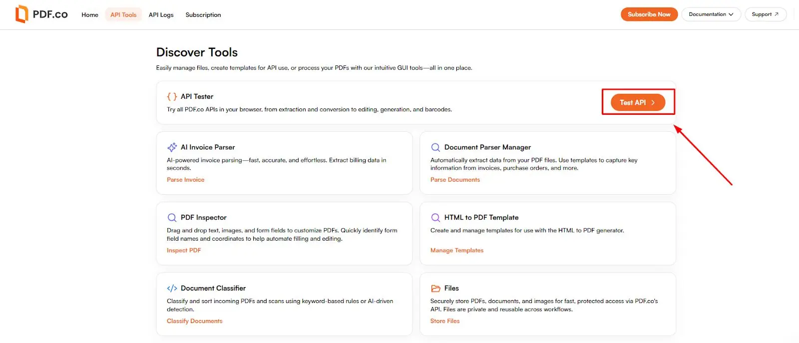 Панель PDF.co с карточками API Tester, PDF Inspector, Document Parser и Files