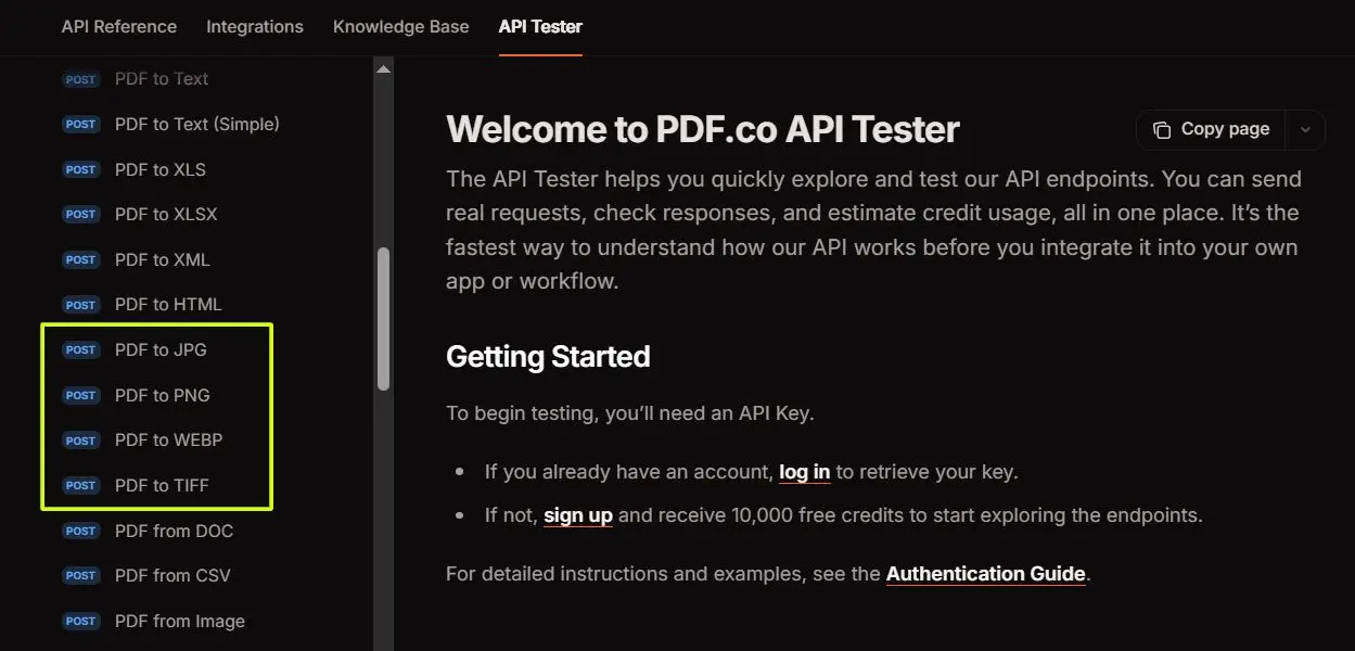 API Tester PDF.co со списком методов преобразования PDF