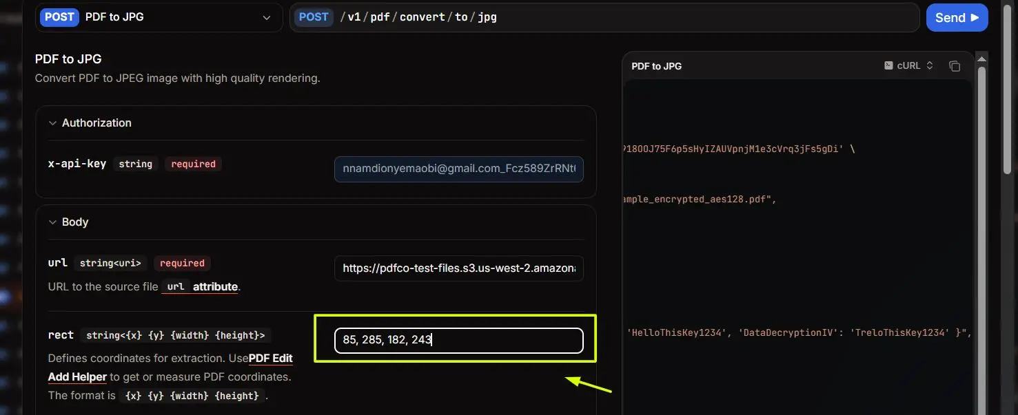Настройка PDF to JPG и прямоугольной области в PDF.co API Tester