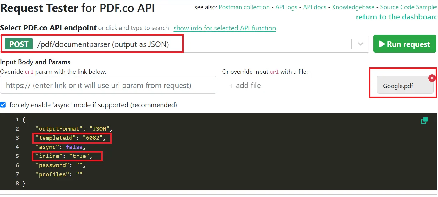 Запрос Document Parser с Template ID в PDF.co API Tester