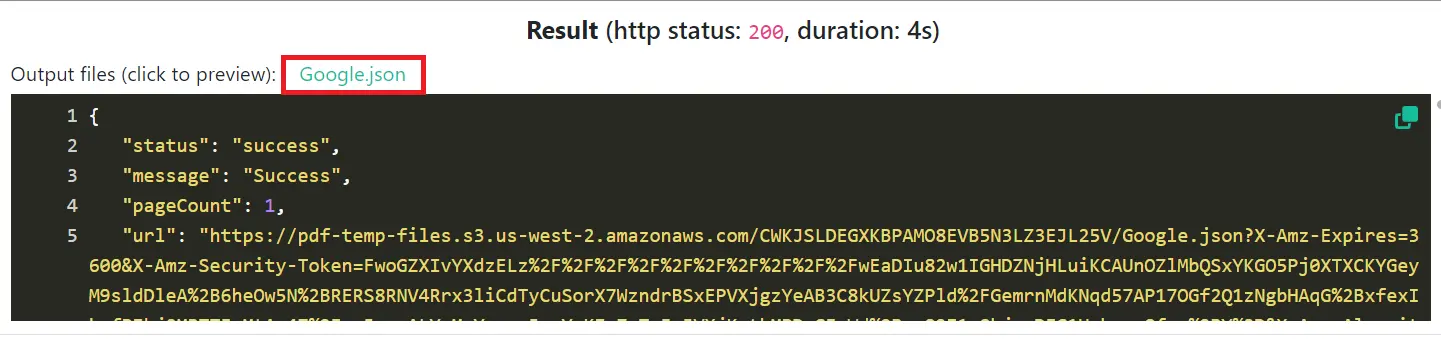Ответ PDF.co после выполнения Document Parser