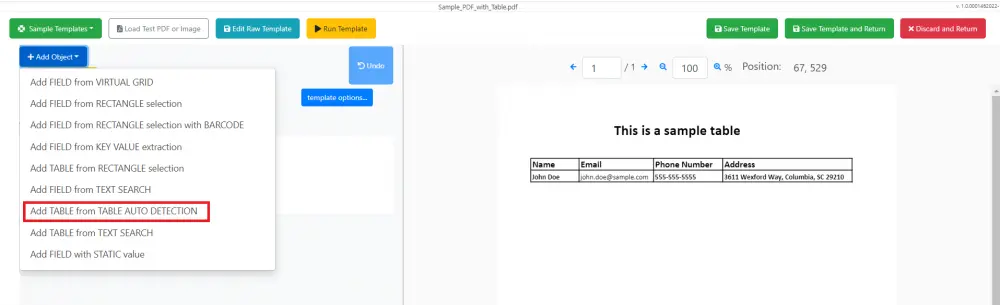 Выбор автоматического обнаружения таблицы в PDF.co Document Parser