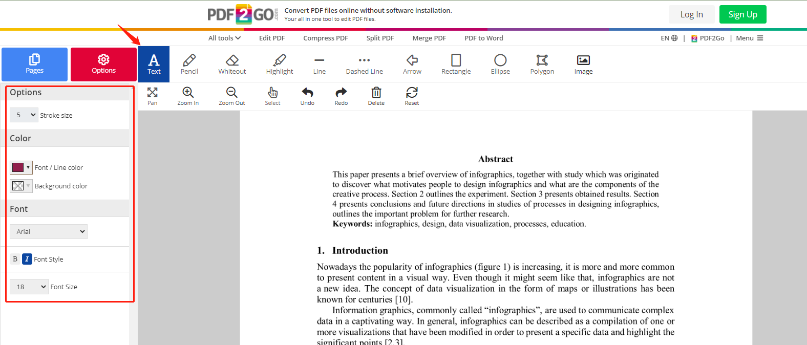 Редактор PDF2Go с панелью текста и параметрами оформления
