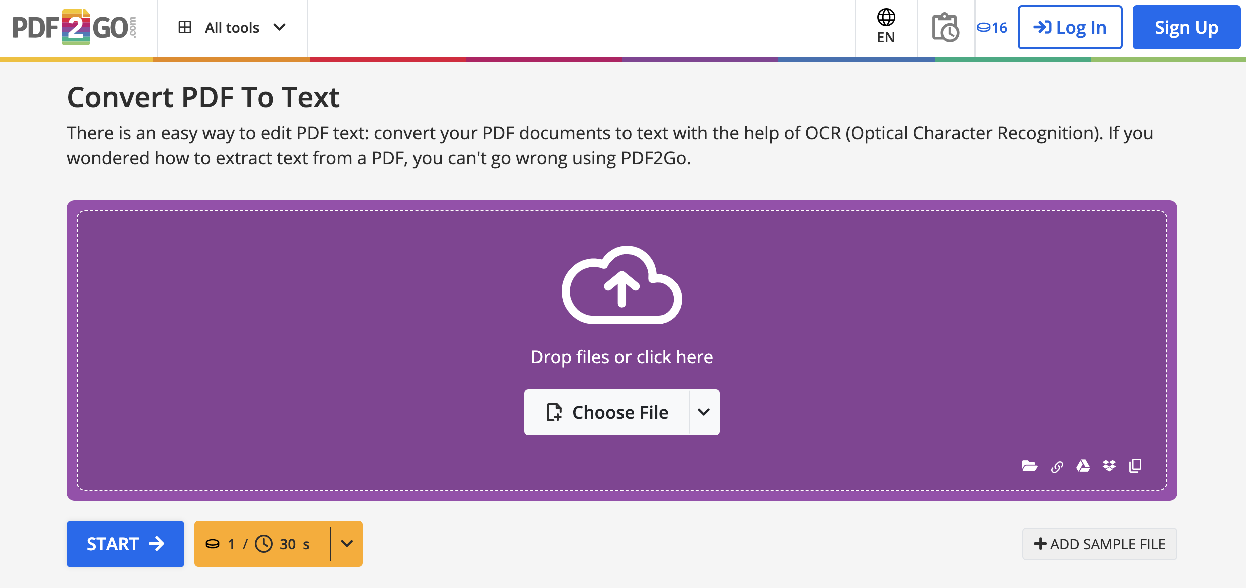 Инструмент PDF to Text с областью загрузки и запуском OCR
