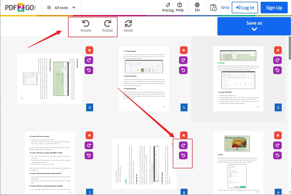 Миниатюры страниц PDF2Go с командами поворота