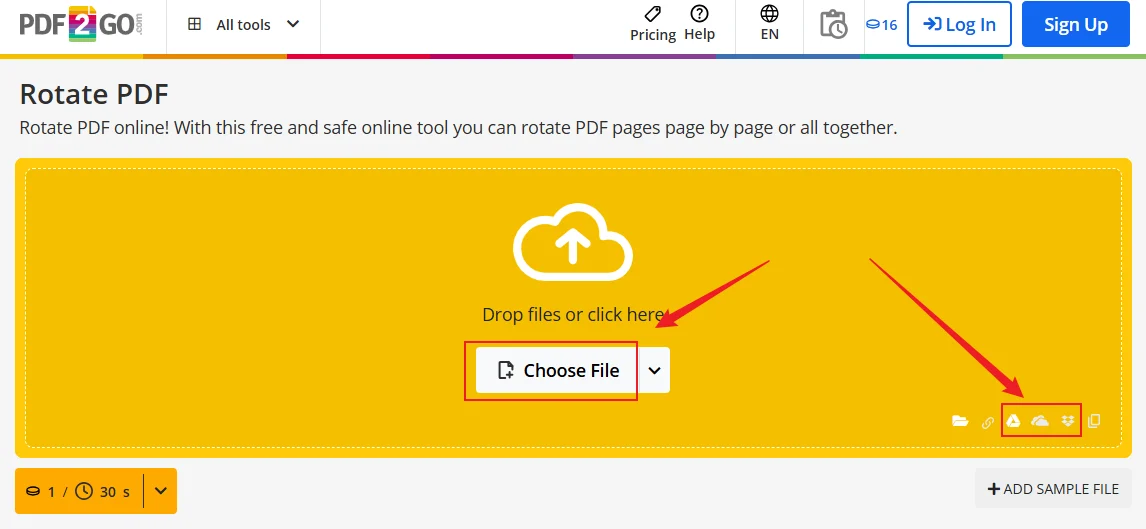 Загрузка документа в инструмент Rotate PDF