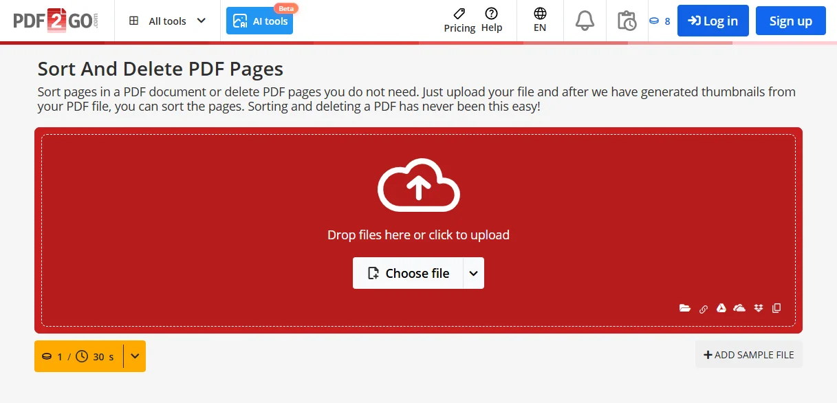 Страница Sort And Delete PDF Pages с загрузкой документа