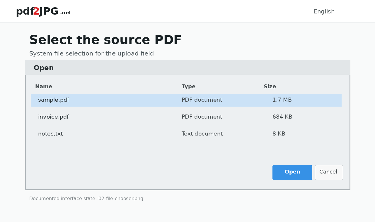 Интерфейс PDF2JPG.net: Порядок конвертации от выбора файла до получения JPG