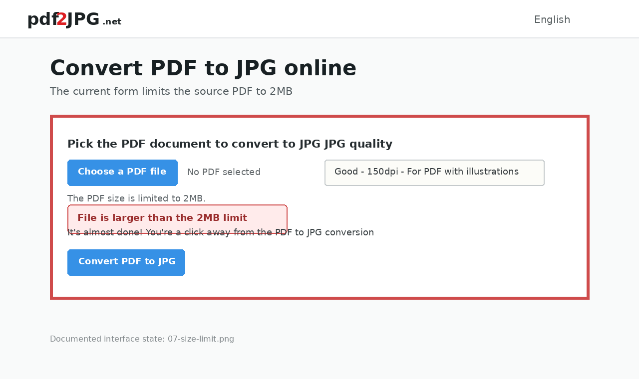 Интерфейс PDF2JPG.net: Как понимать ограничение исходного файла 2 МБ