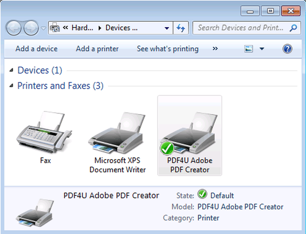 PDF4U Adobe PDF Creator в списке устройств и принтеров Windows