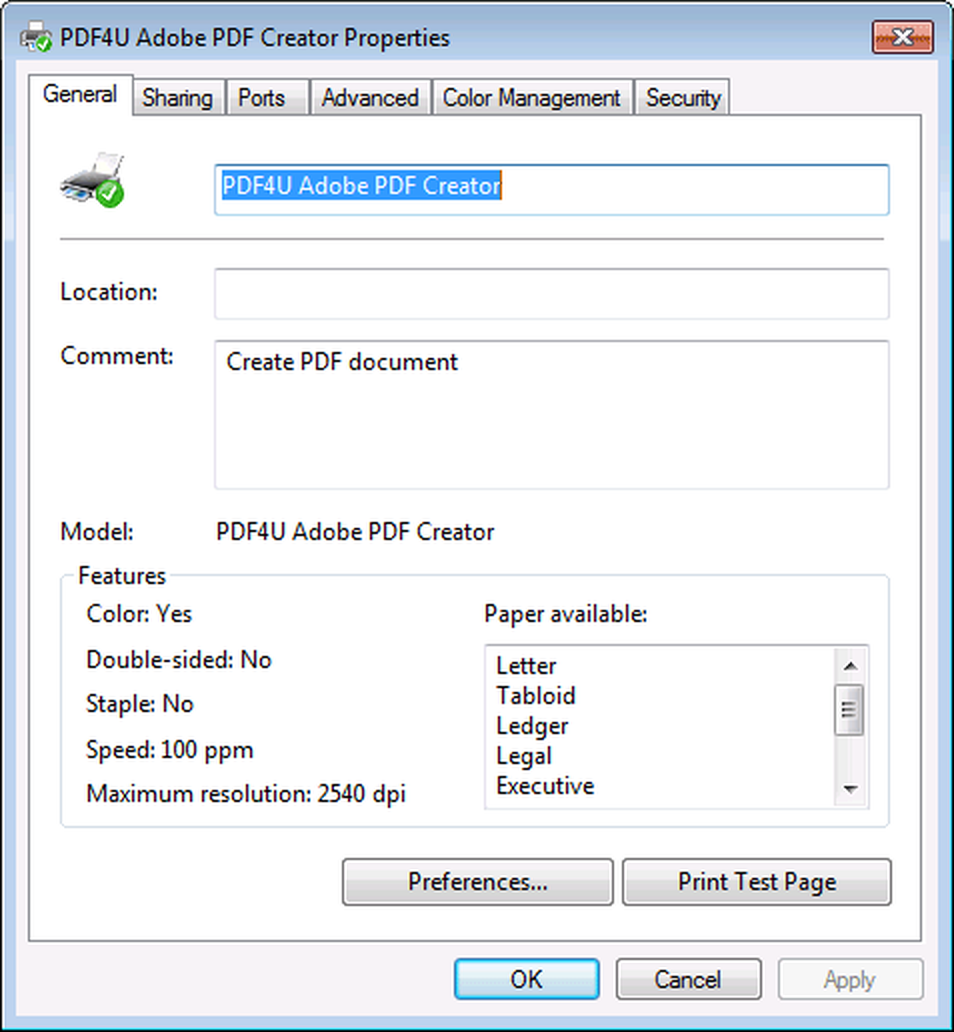 Свойства виртуального принтера PDF4U в Windows 7