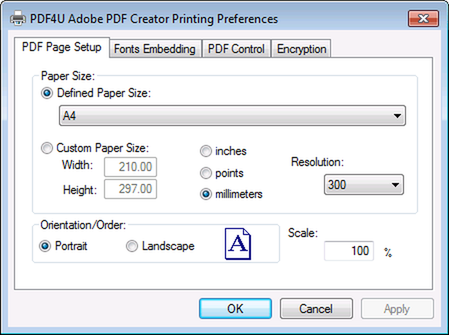 Вкладка PDF Page Setup в современном оформлении Windows
