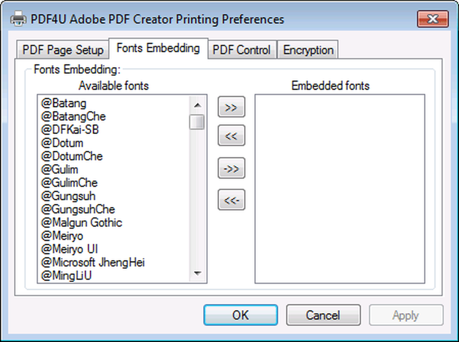 Вкладка Fonts Embedding со списком доступных и внедряемых шрифтов