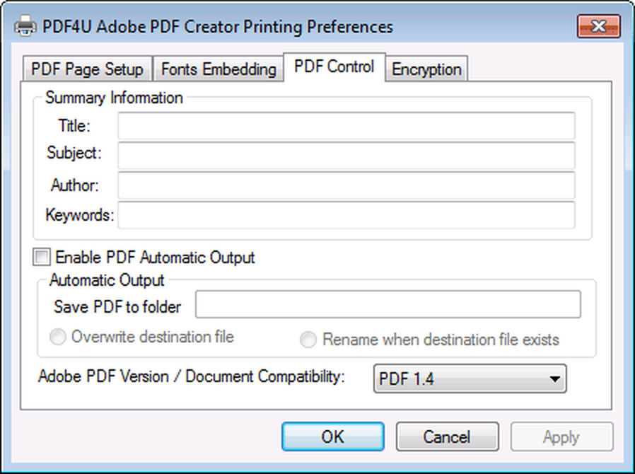 Вкладка PDF Control с метаданными и совместимостью