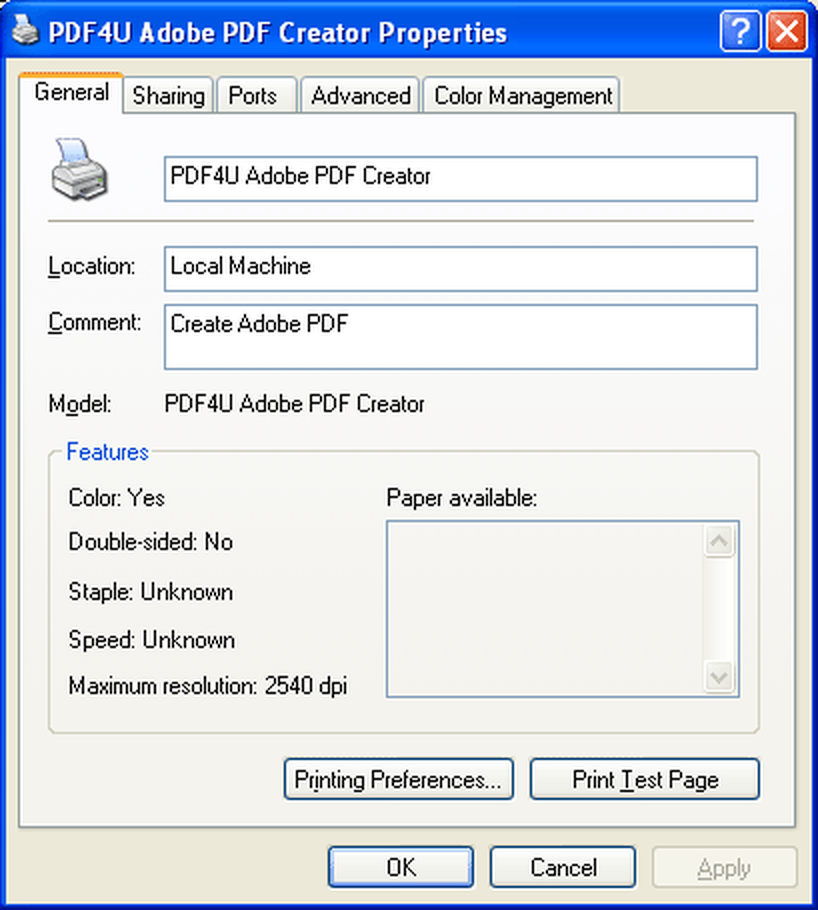 Классическое окно свойств PDF4U Adobe PDF Creator
