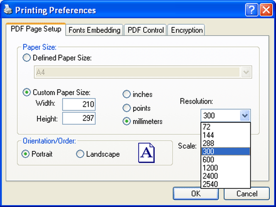 Список разрешений PDF4U от 72 до 2540 dpi