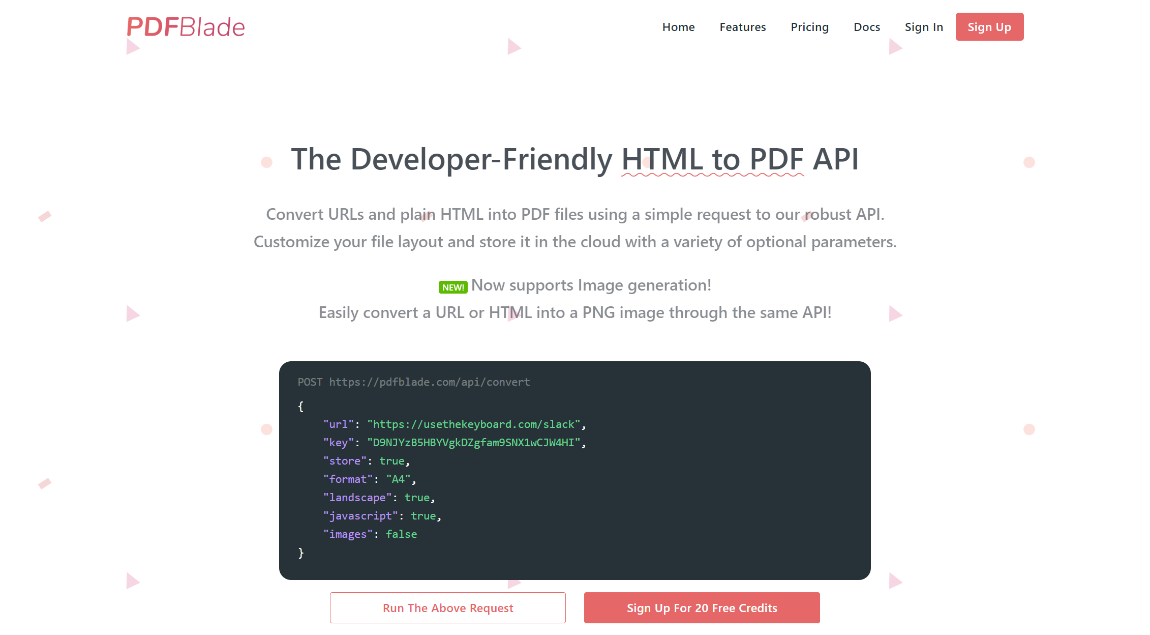 Главная страница PDFBlade с примером запроса HTML в PDF