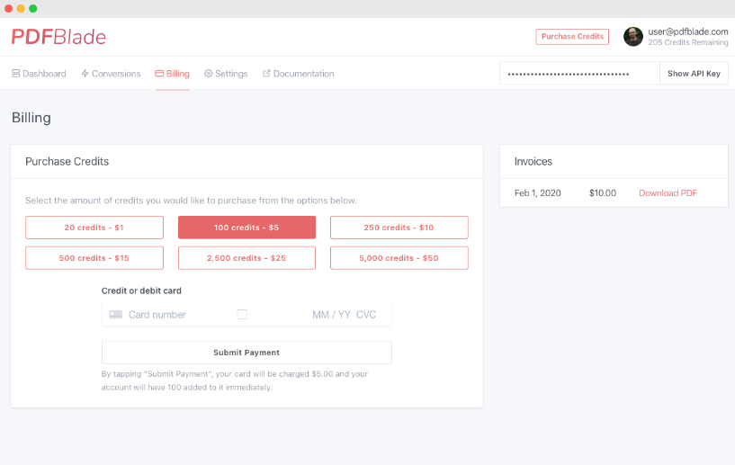 Раздел Billing PDFBlade с пакетами кредитов