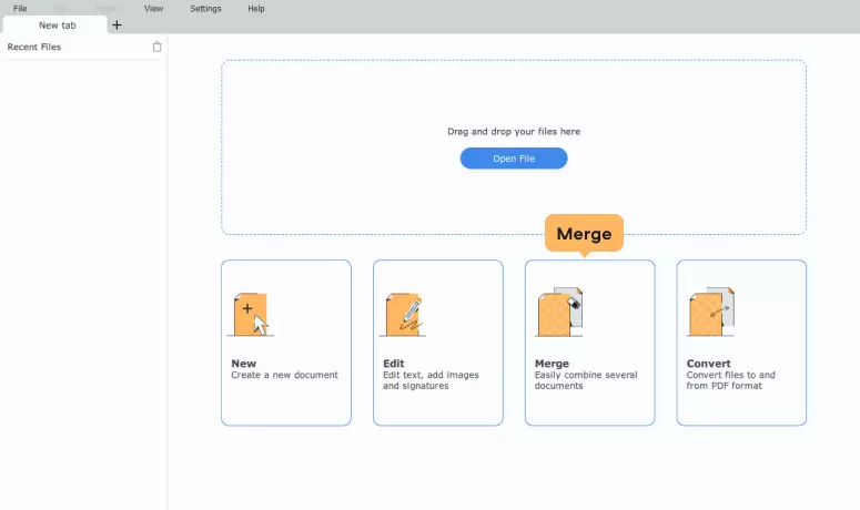 Выбор инструмента Merge на стартовом экране PDFChef
