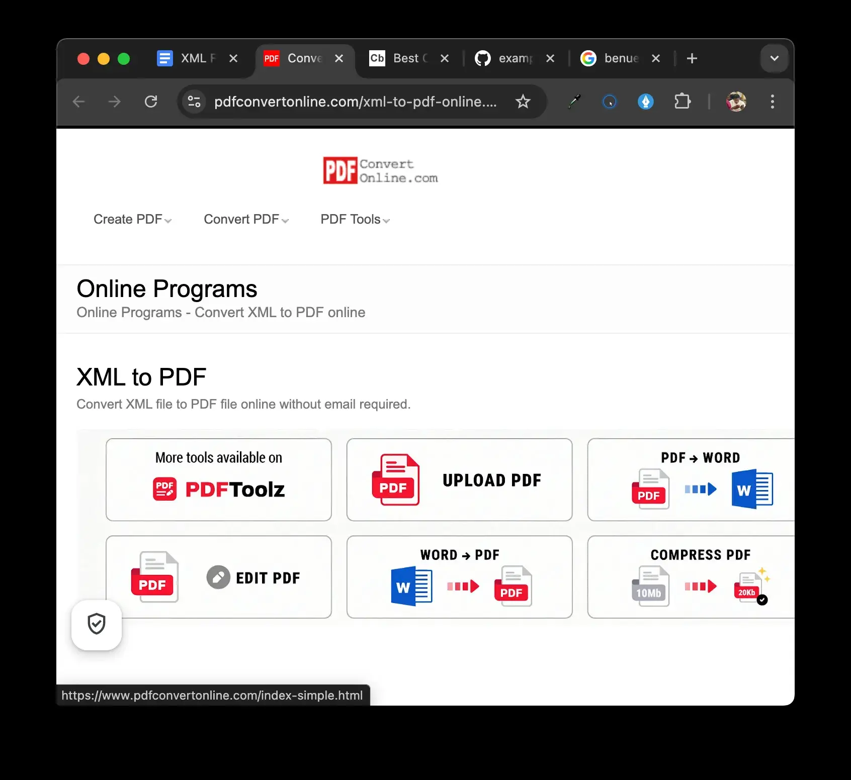 Страница XML в PDF в PDFConvertOnline