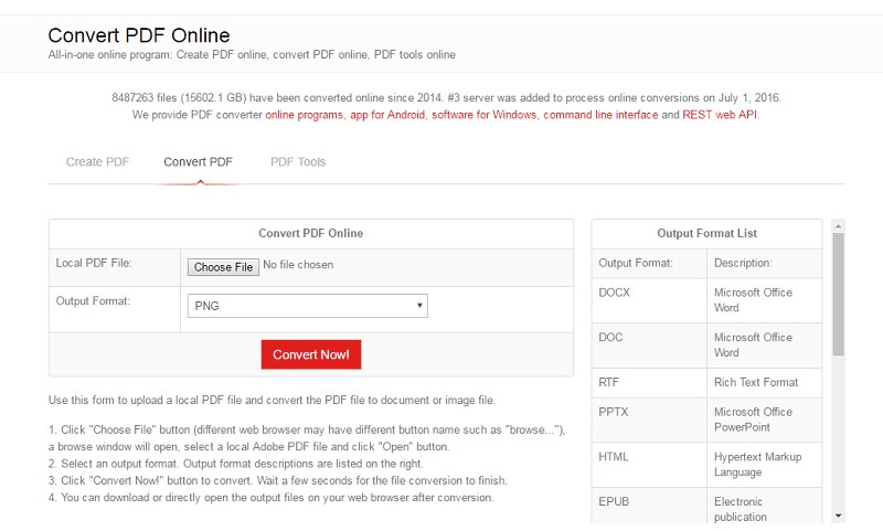 Выбор PNG при преобразовании PDF в PDFConvertOnline