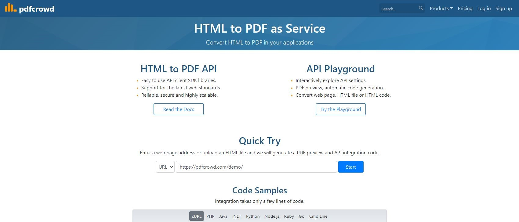 Стартовая страница API с Playground и примерами кода