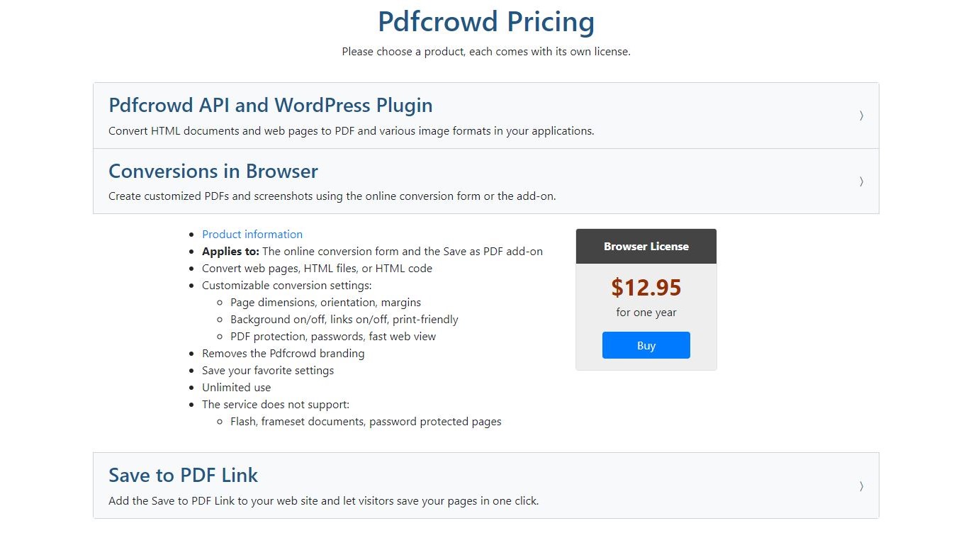 Экран параметров браузерной конвертации PDFCrowd