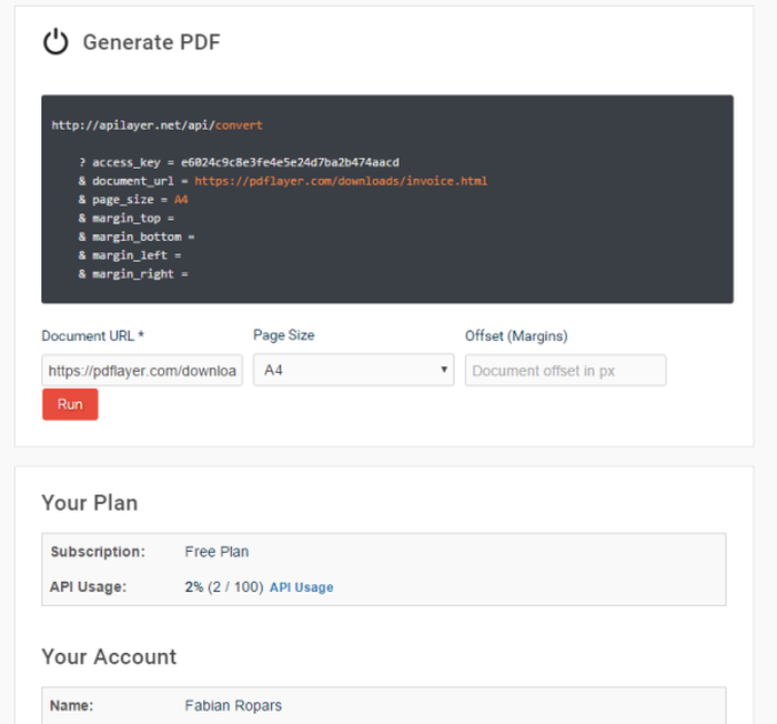 Экран PDFLayer с формой Generate PDF и сведениями об использовании API