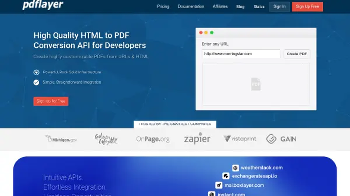 Главная страница PDFLayer с полем URL и кнопкой создания PDF