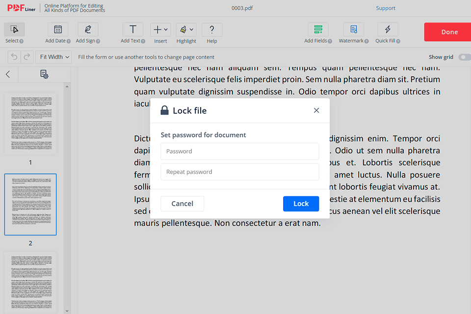 Установка пароля на PDF в PDFLiner