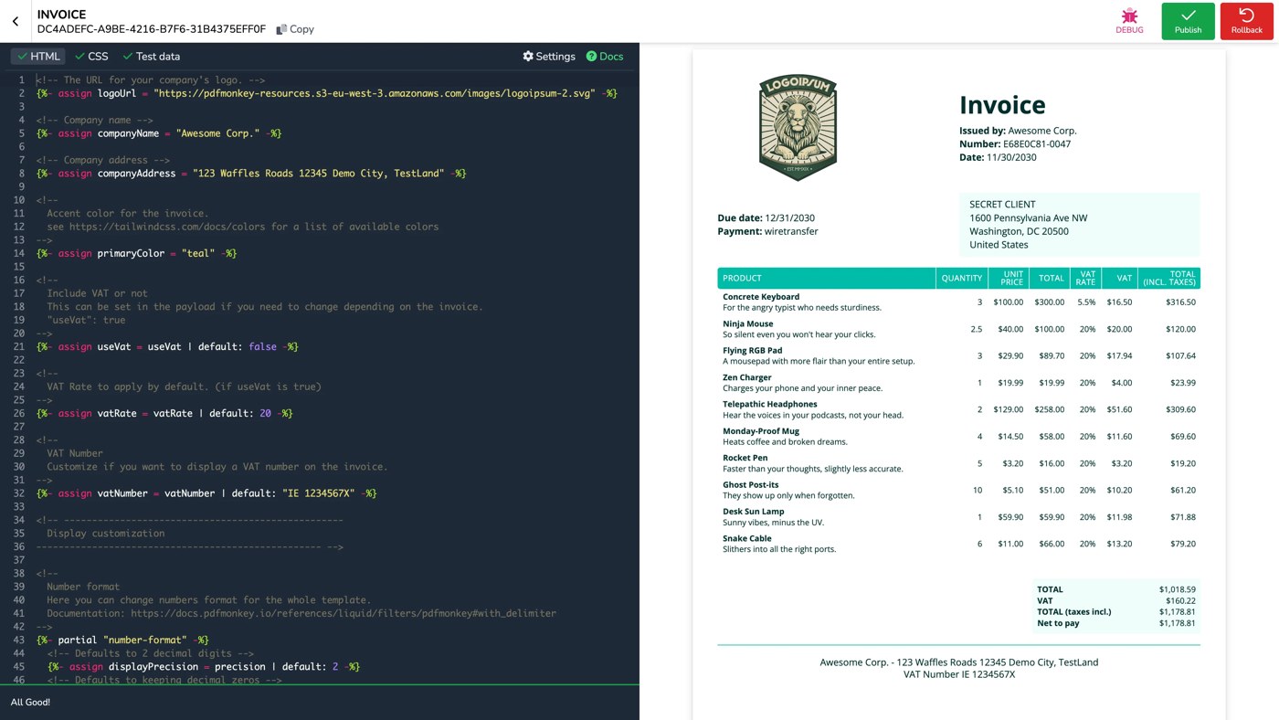 Редактор шаблона PDFMonkey с исходным кодом и предпросмотром