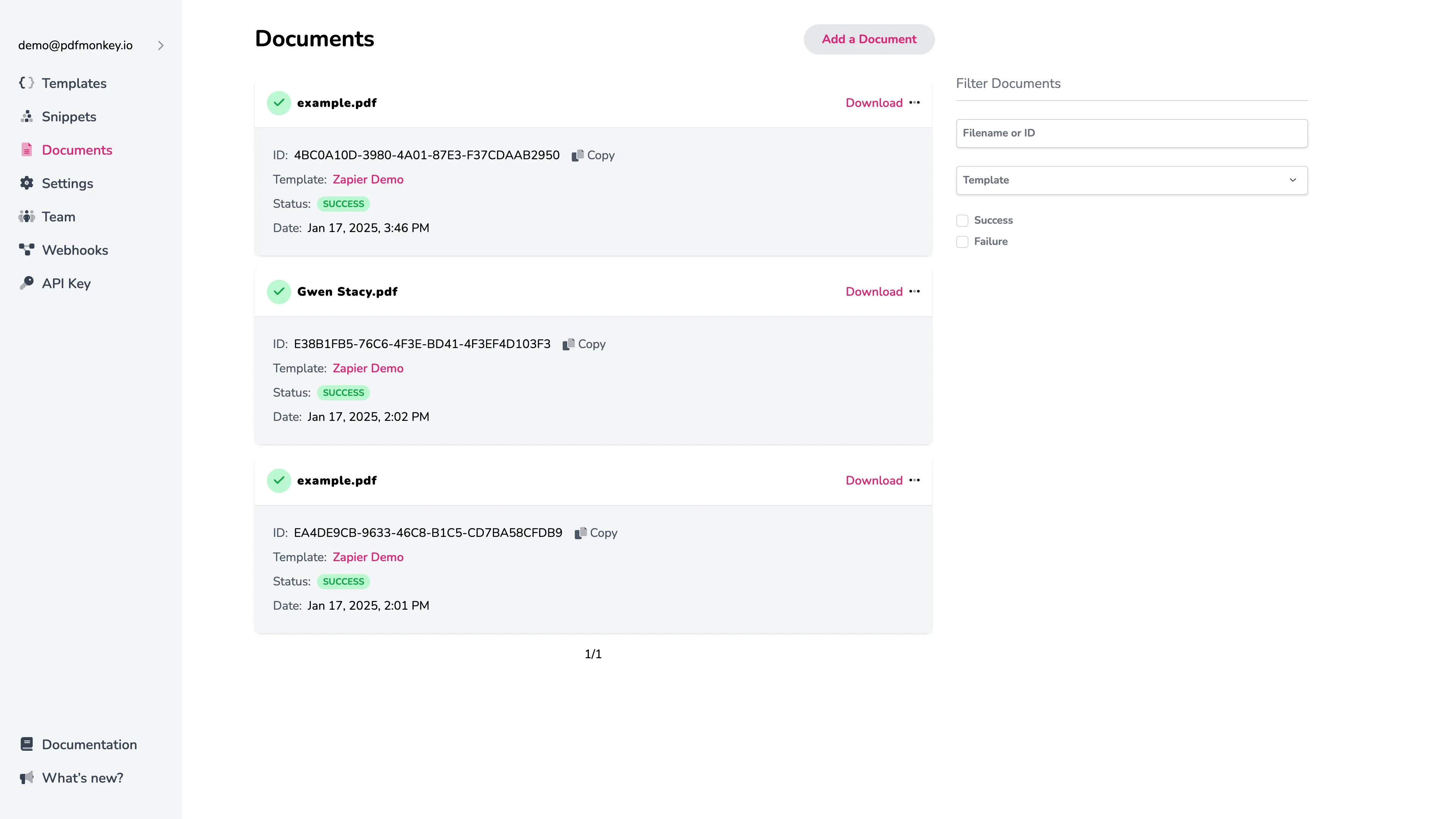 Список документов PDFMonkey и их статусы