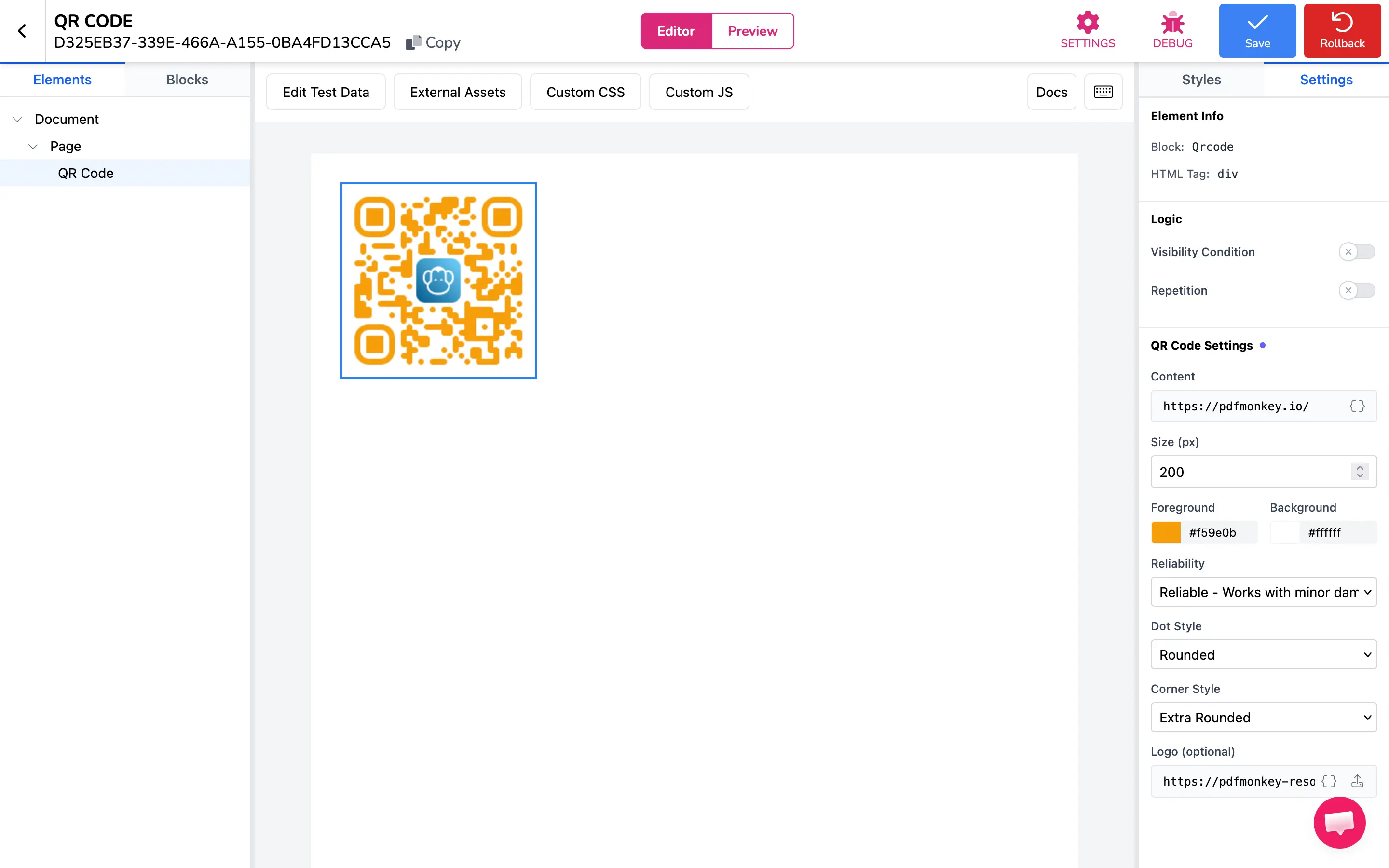 Настройки и вид QR-кода в PDFMonkey
