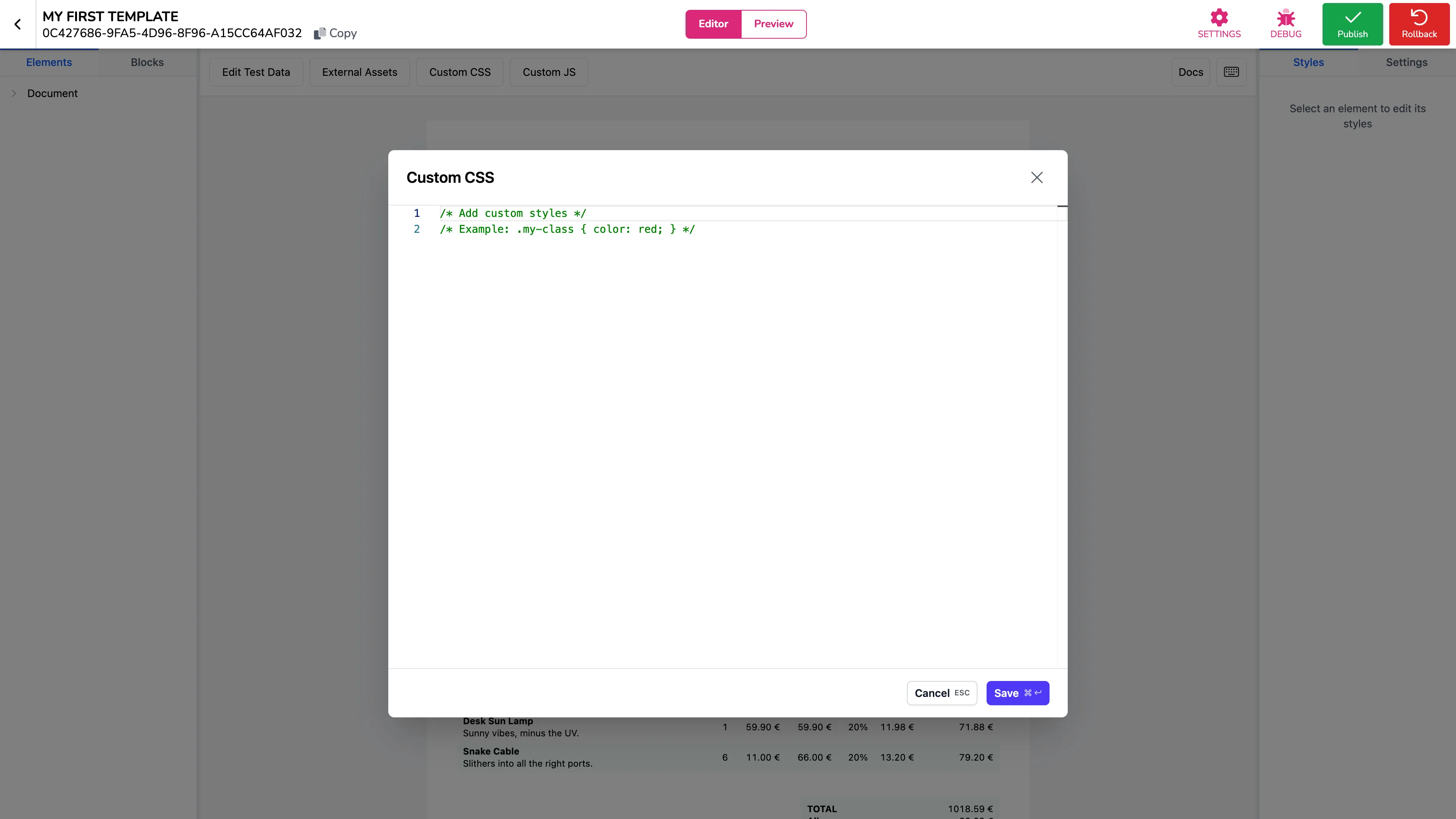 Окно пользовательского CSS в PDFMonkey