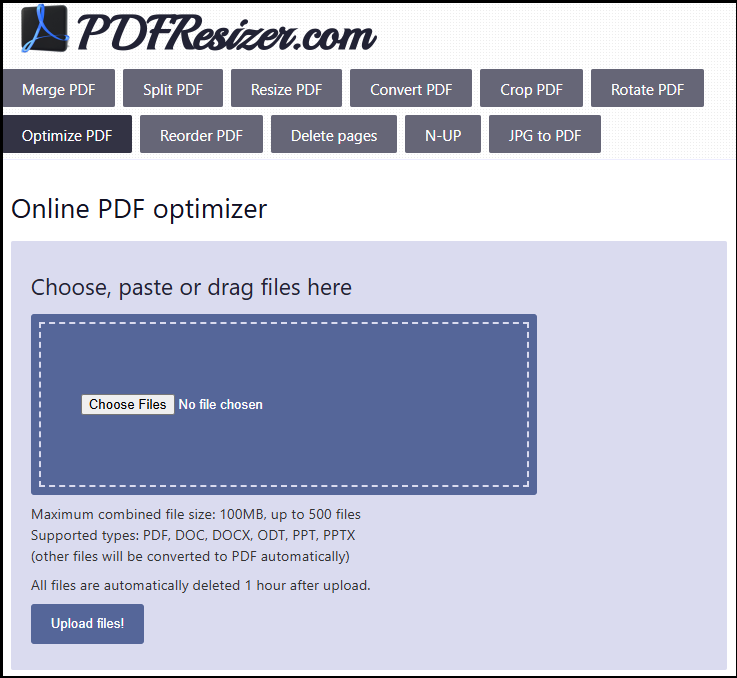 Страница загрузки PDF в оптимизатор PDFResizer