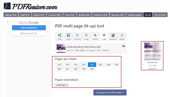 Настройка нескольких страниц на листе в PDFResizer