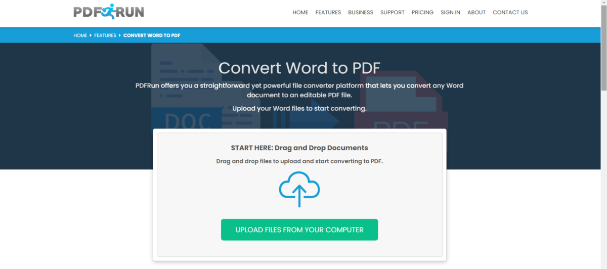 Страница PDFRun для преобразования Word в PDF