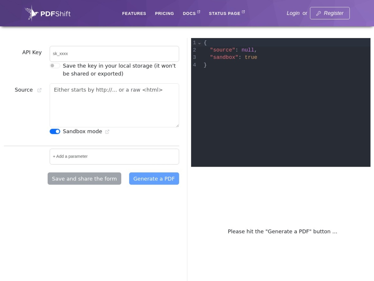 Интерфейс PDFShift Playground с формой запроса и JSON-параметрами